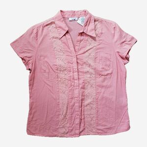 Ms. Lee Women's Shirt V-Neck Crochet Front See Through Lightweight Coral Large